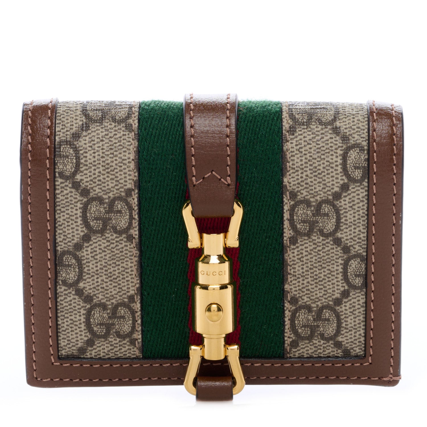 Gucci GG Supreme Monogram Textured Calfskin Web Jackie 1961 Card Case Beige Ebony Brown Sugar 1 of 6