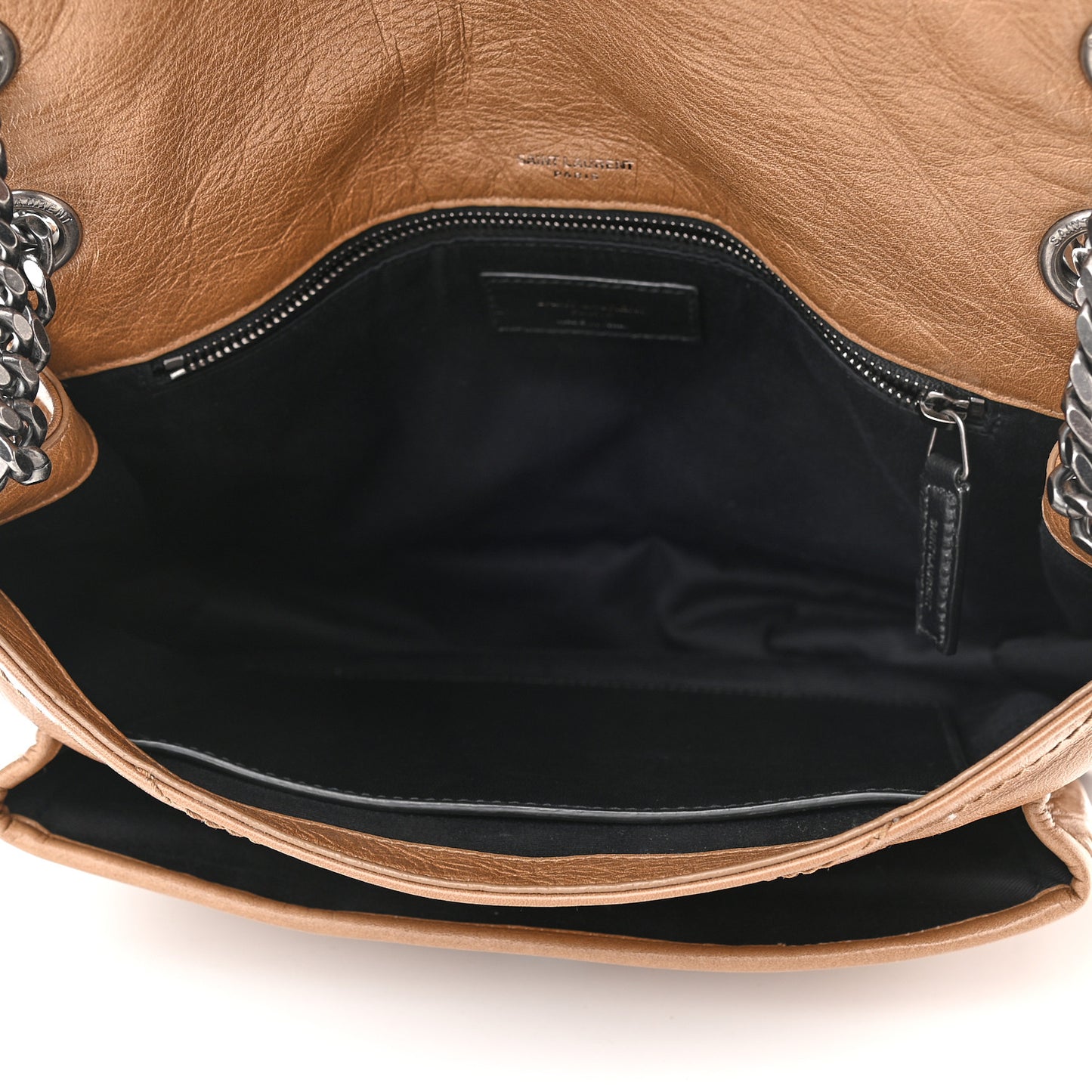 Crinkled Calfskin Matelasse Monogram Medium Niki Chain Satchel Caramel