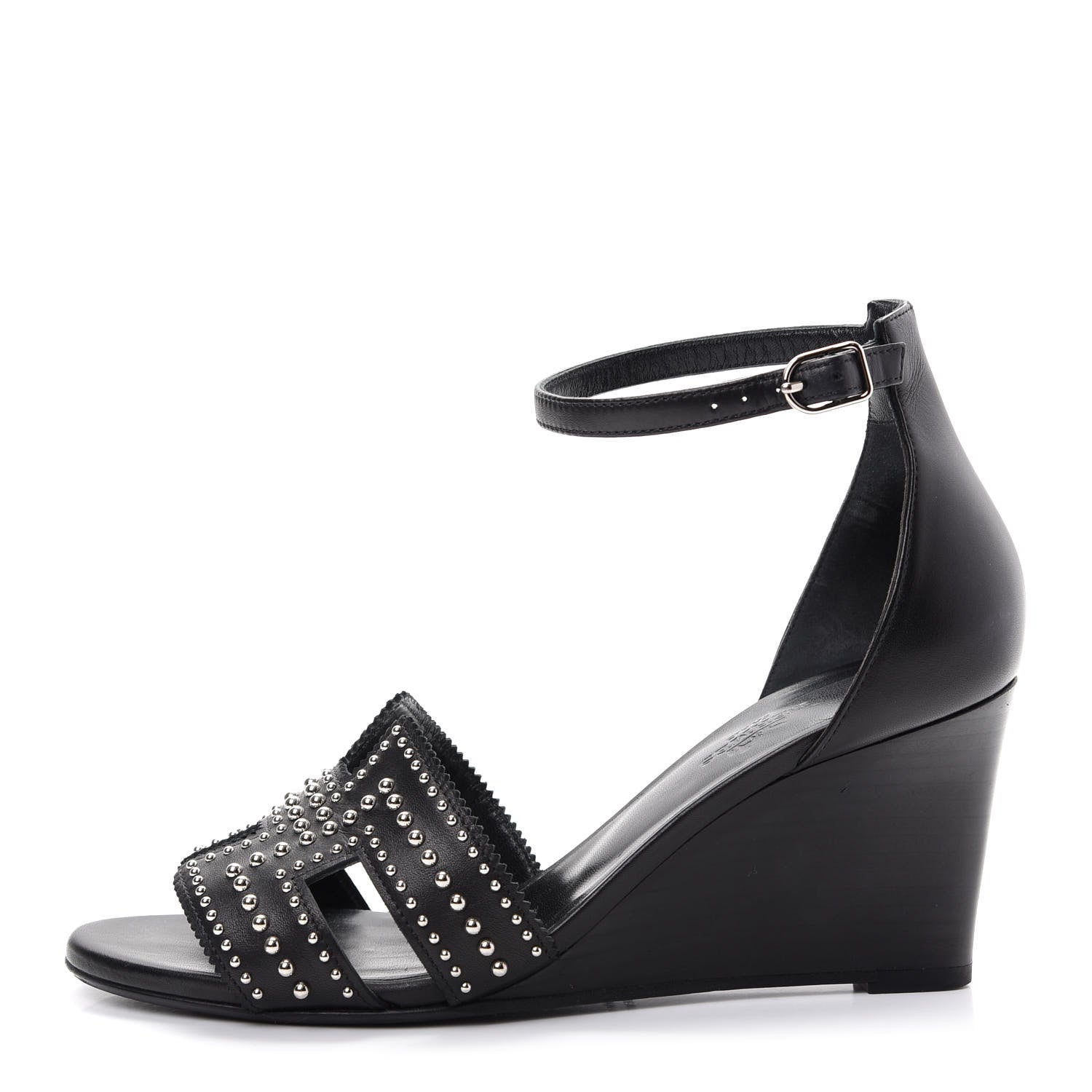 Hermes Calfskin Clous Legend Wedge Sandals 37 Black 1 of 10