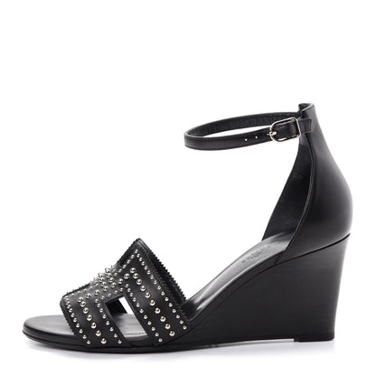 Hermes Calfskin Clous Legend Wedge Sandals 37 Black 1 of 10