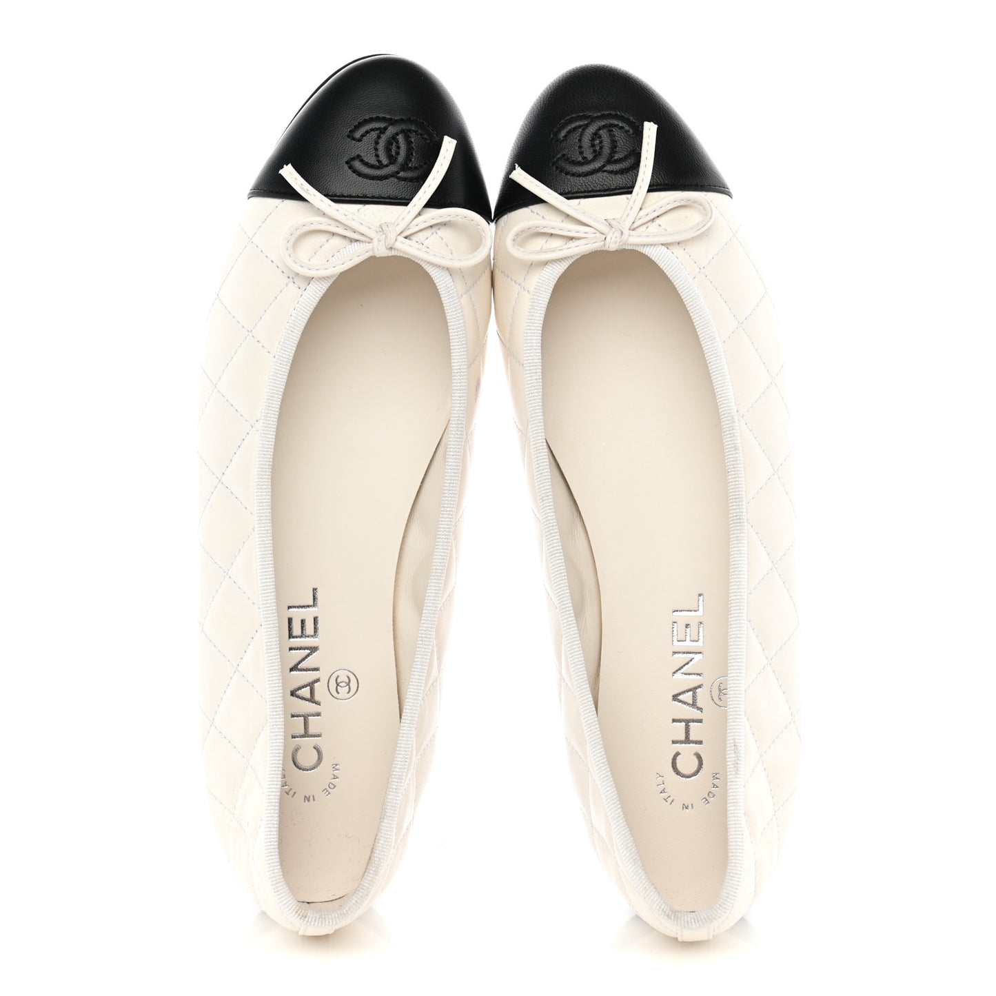 Canvas Lambskin Quilted CC Cap Toe Ballerina Flats 39 White Black