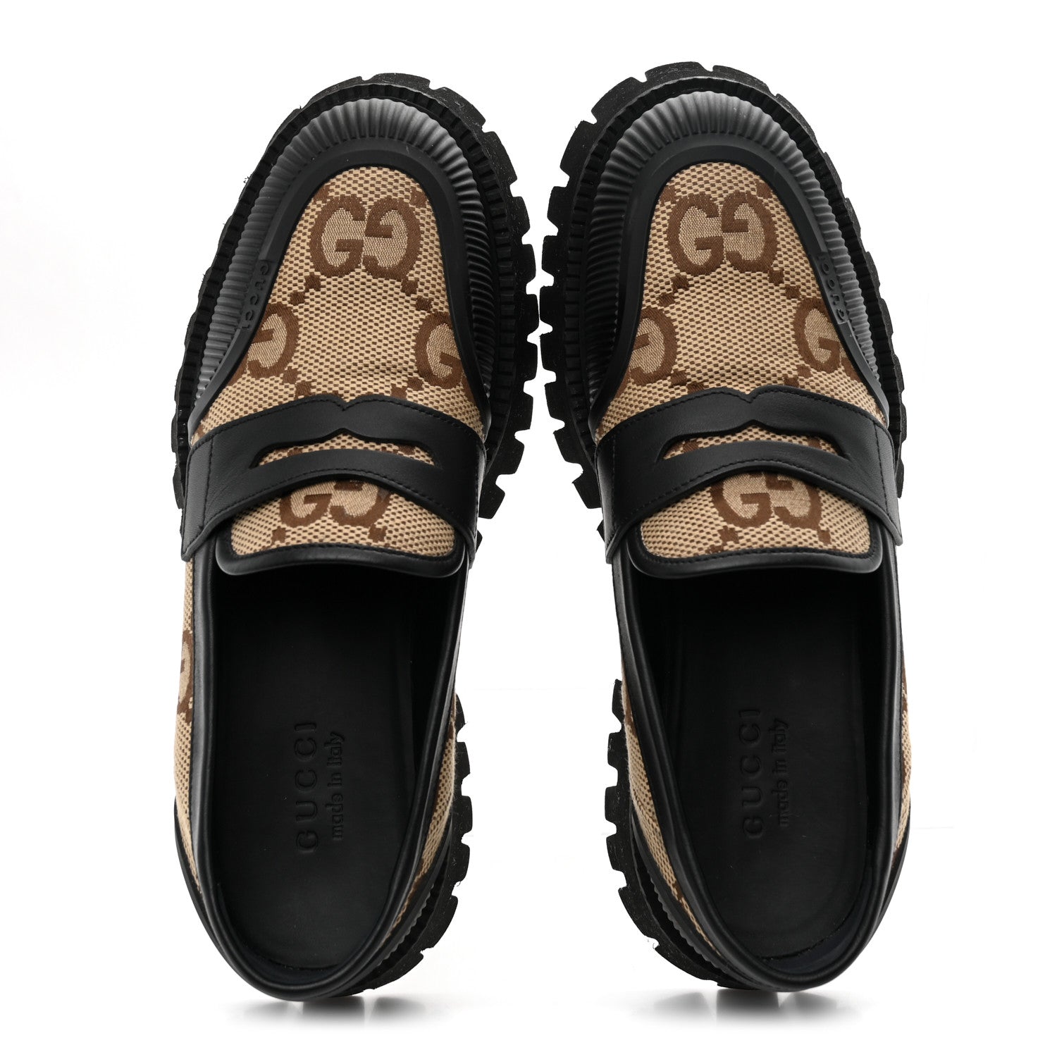 Gucci Monogram Jumbo GG Miro Soft Calfskin Mens Lug Sole Loafers 8.5 Camel Ebony Black 2 of 10