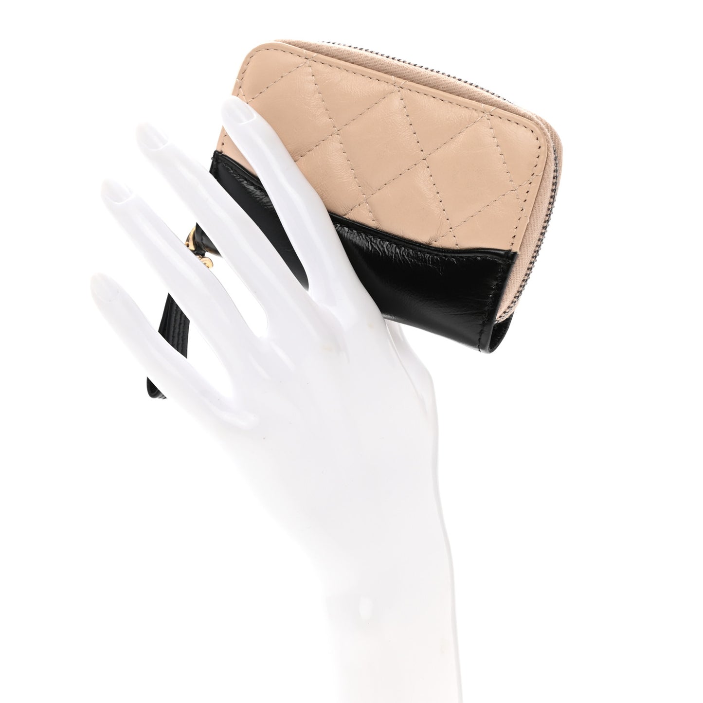 Aged Calfskin Quilted Gabrielle Zip Around Coin Purse Wallet Beige Black