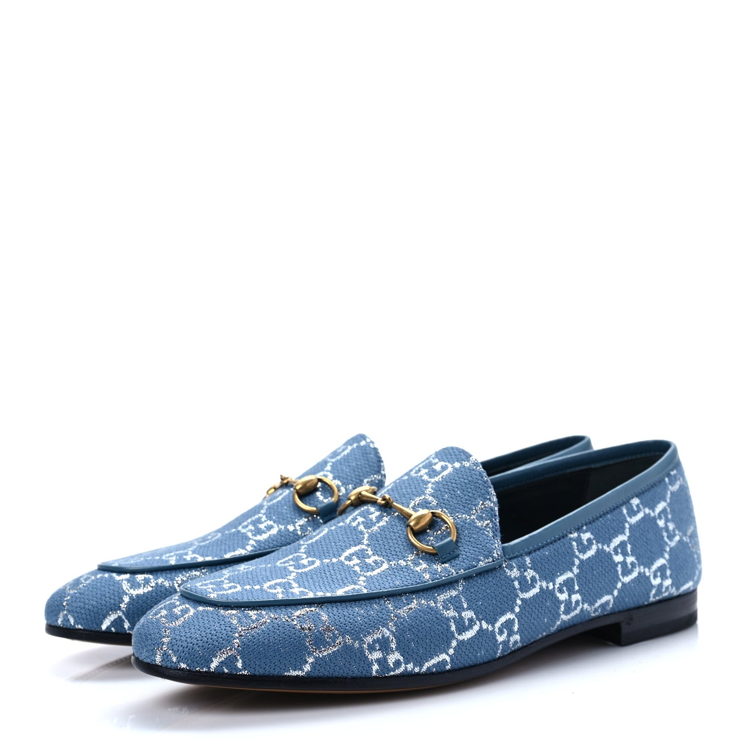 Canvas Lame GG Monogram Horsebit Womens Jordaan Loafers 39 Blue Silver Cornflower Blue