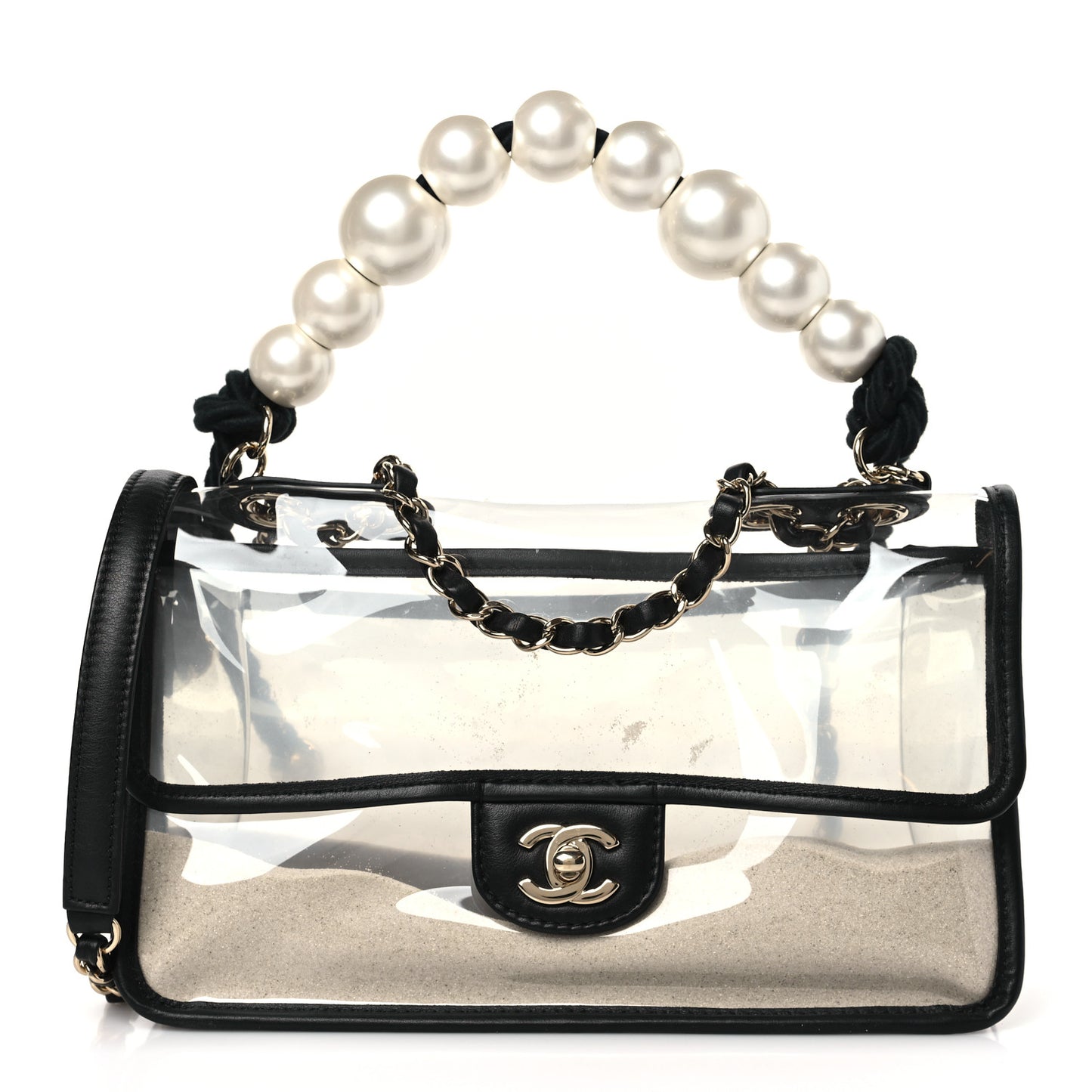 Lambskin PVC Sand By The Sea Flap With Pearl Strap Black