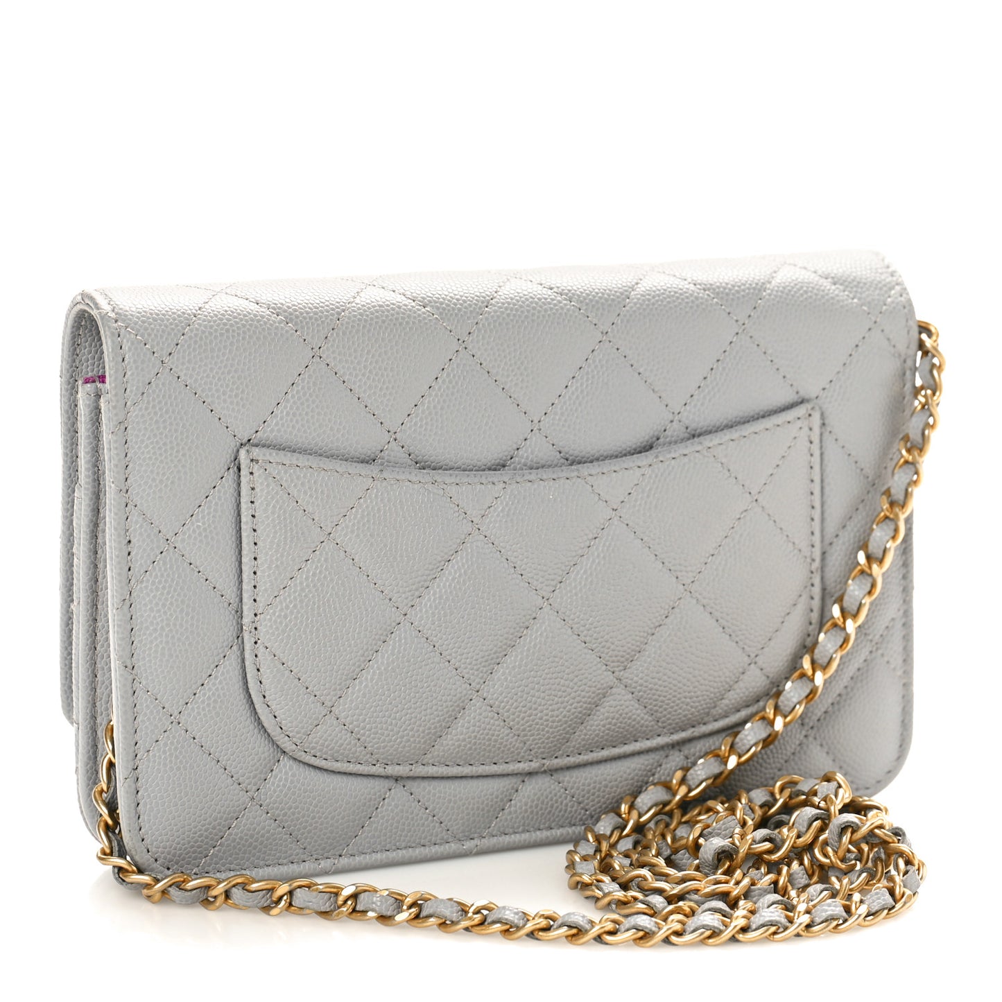 Caviar Quilted Textured CC Wallet on Chain WOC Grey
