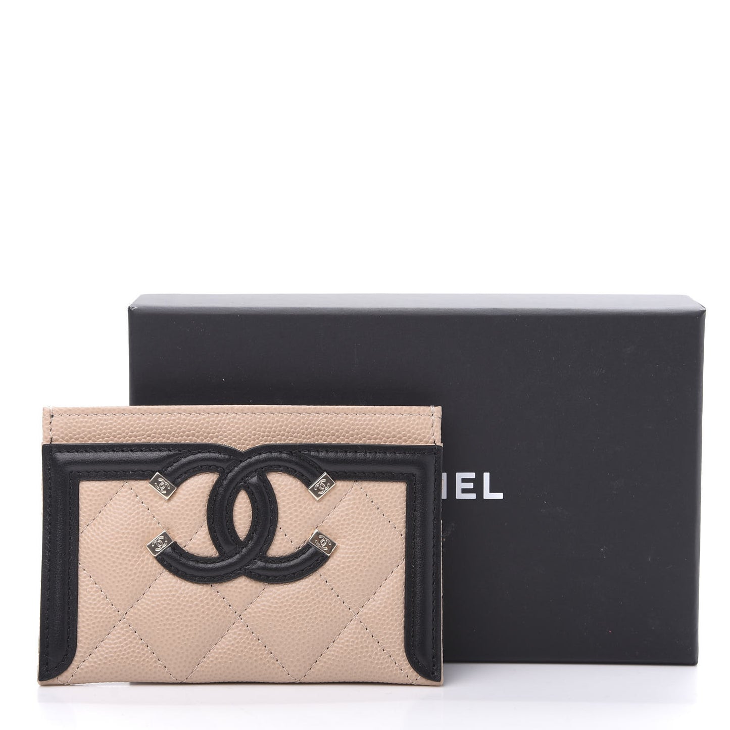 Caviar Quilted Filigree Card Holder Beige Black