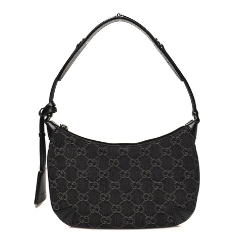 Jacquard Black Denim GG Monogram Horsebit Slim Small Shoulder Bag Black Grey