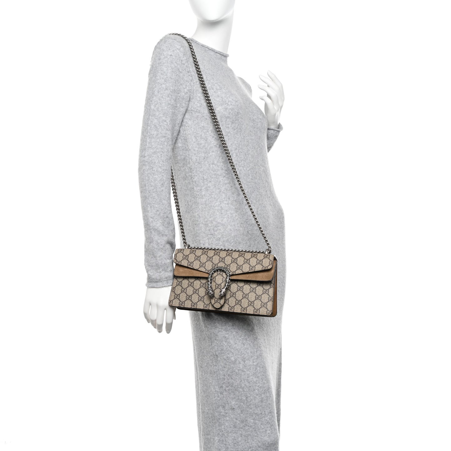 GG Supreme Monogram Suede Crystal Small Dionysus Shoulder Bag Beige Ebony Taupe