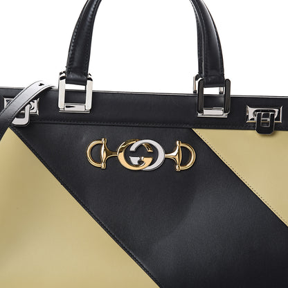 Gucci Smooth Calfskin Diagonal Striped Medium Zumi Top Handle Bag Black Beige 7 of 9