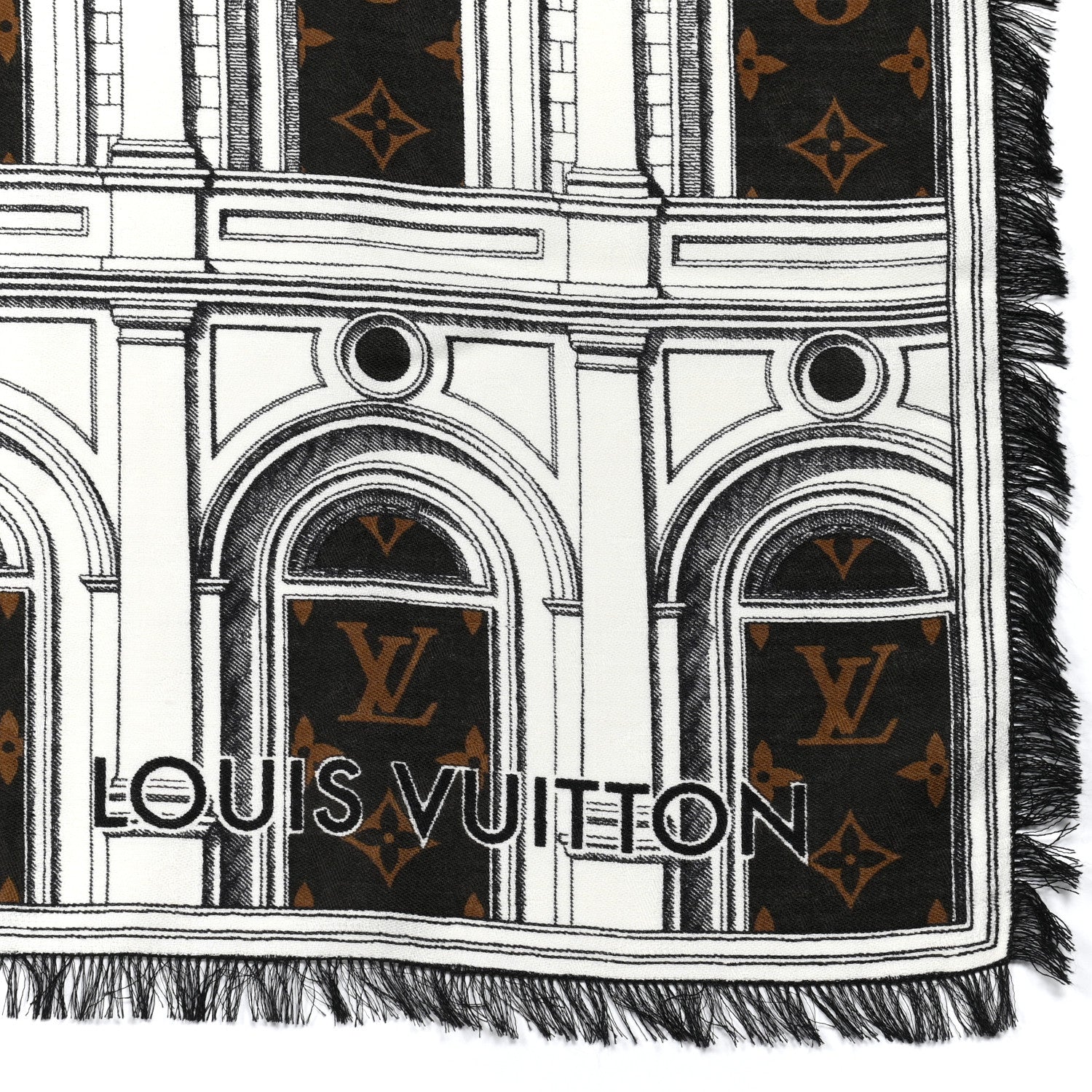 Louis Vuitton X FORNASETTI Wool Silk Architettura Shawl Brown 3 of 5