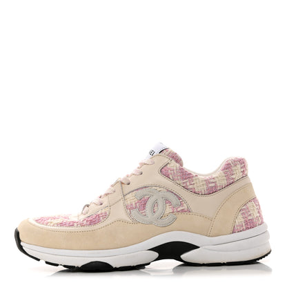 Chanel Tweed Suede Calfskin Womens CC Sneakers 39 Pink Ecru 1 of 9