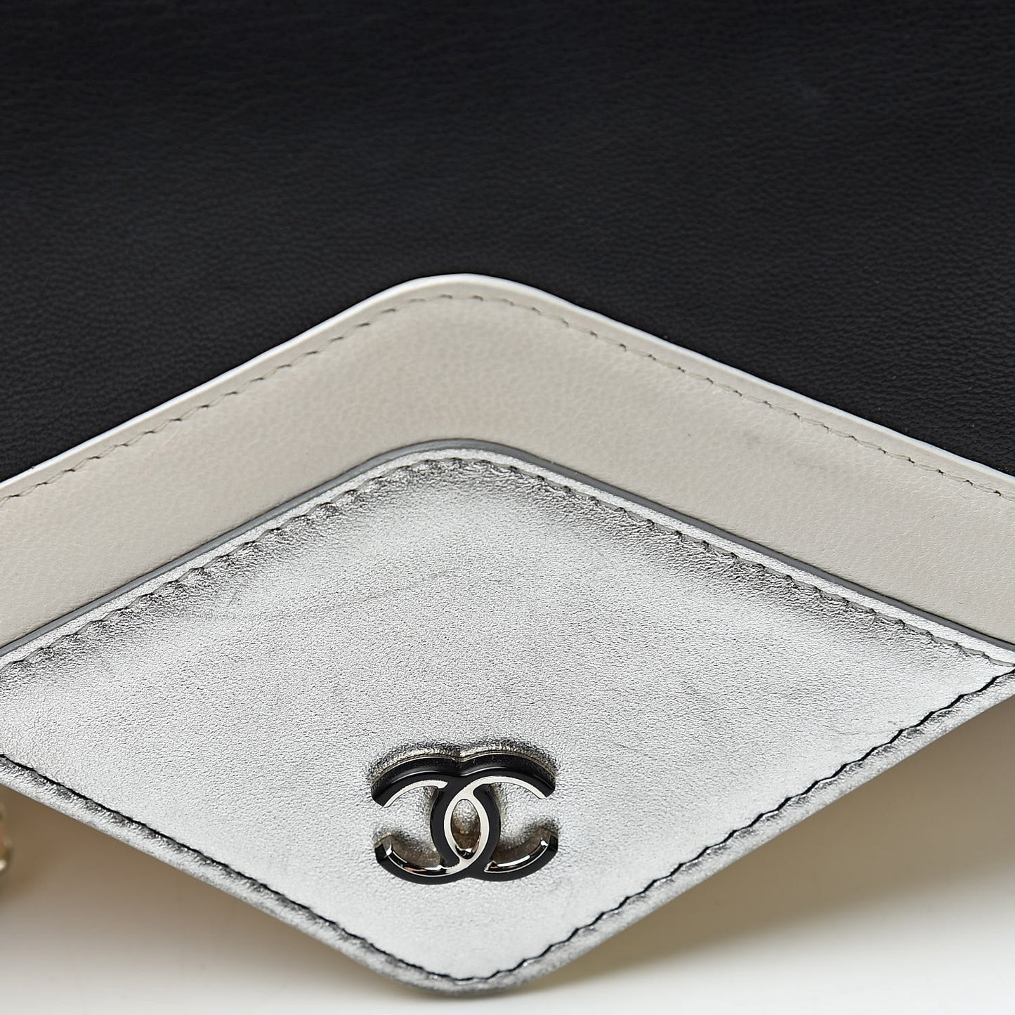 Metallic Lambskin Chevron Wallet On Chain WOC Black Beige