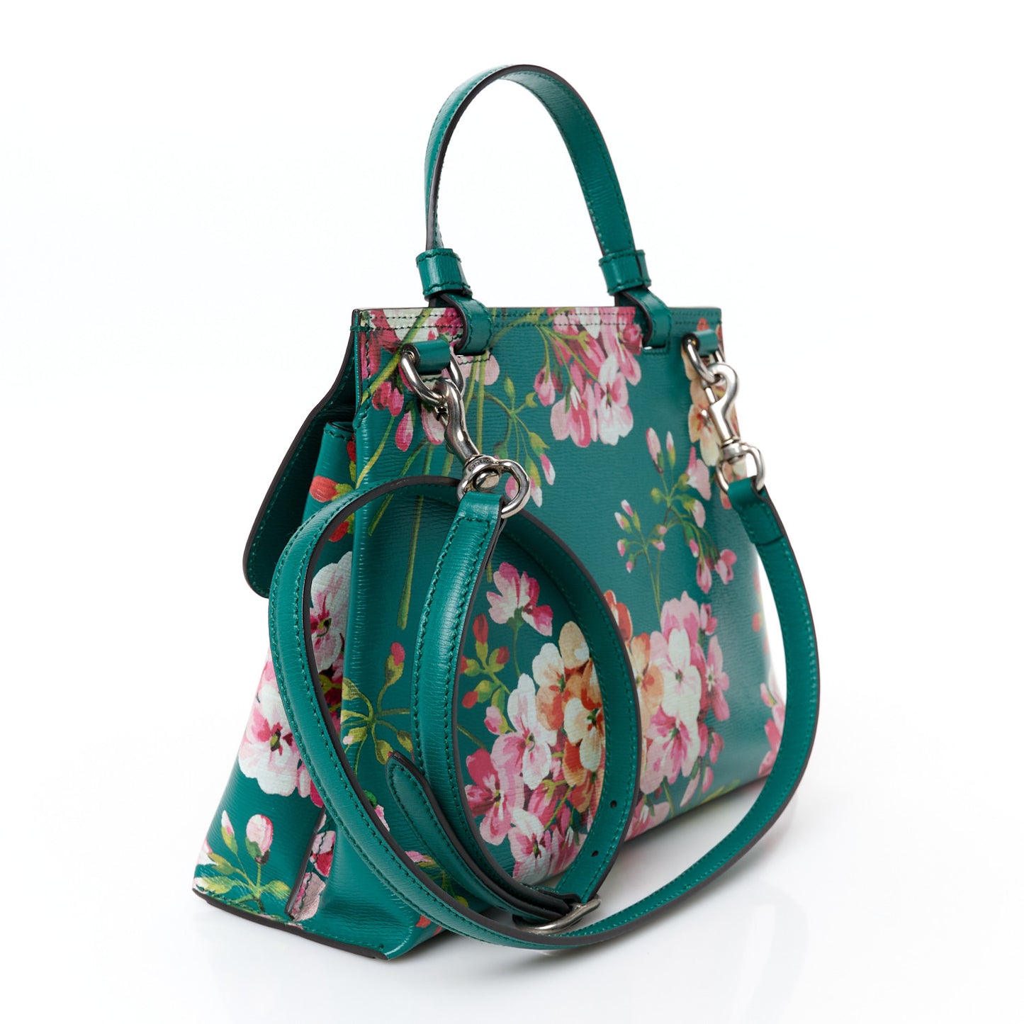 Shangai Calfskin Blooms Print Small Bamboo Daily Top Handle Bag Clear Bright Emerald Multicolor