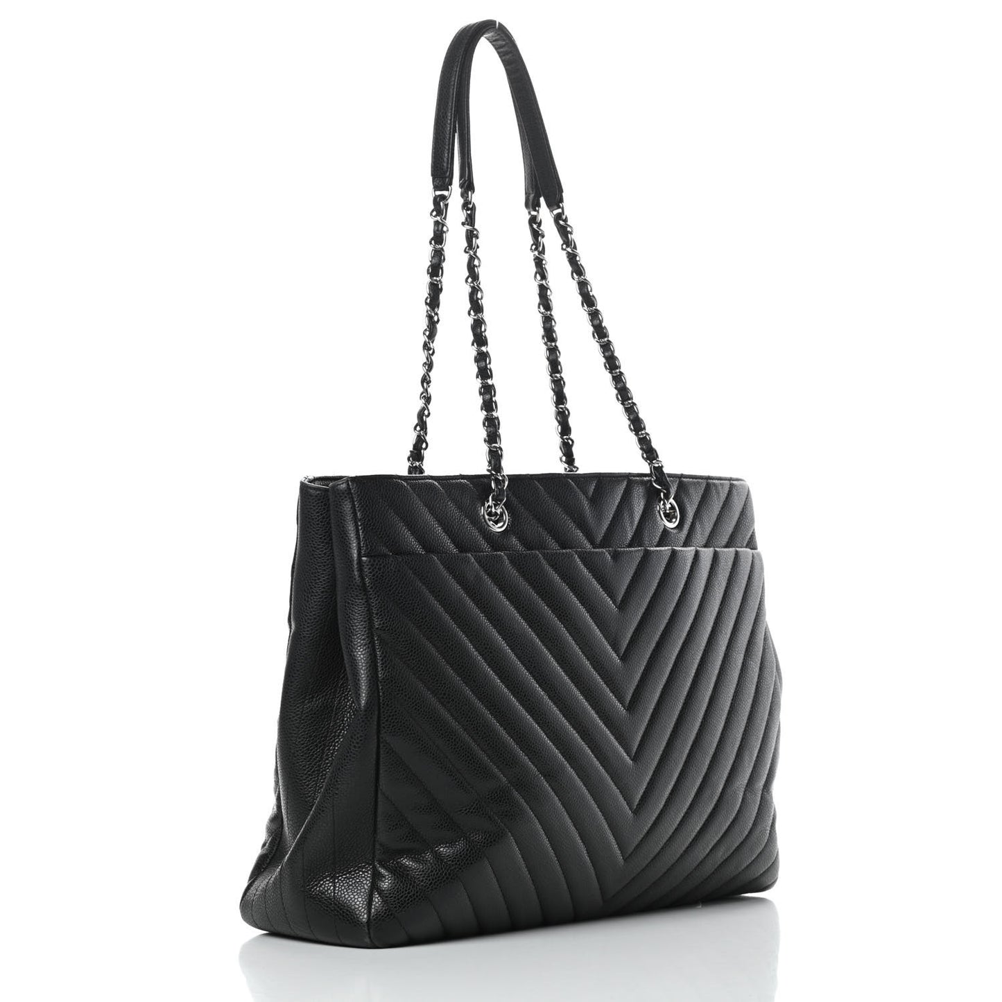 Caviar Chevron Quilted Large Shopping Tote Black