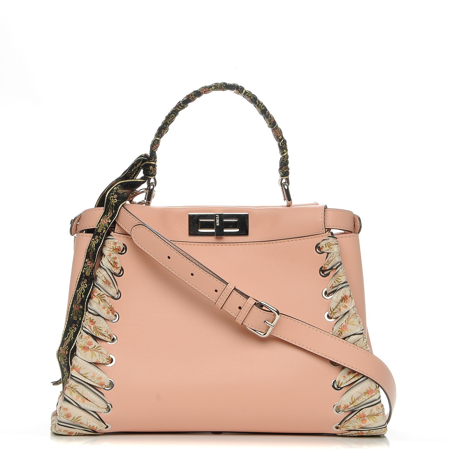 Fendi Vitello Seta Shiny Nappa Ribbon Lace Up Floral Medium Peekaboo Iconic Satchel Baby Pink Multicolor 1 of 7