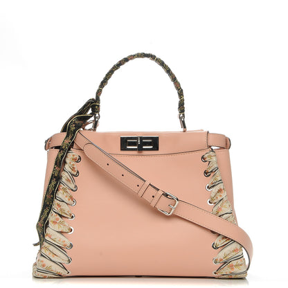Fendi Vitello Seta Shiny Nappa Ribbon Lace Up Floral Medium Peekaboo Iconic Satchel Baby Pink Multicolor 1 of 7
