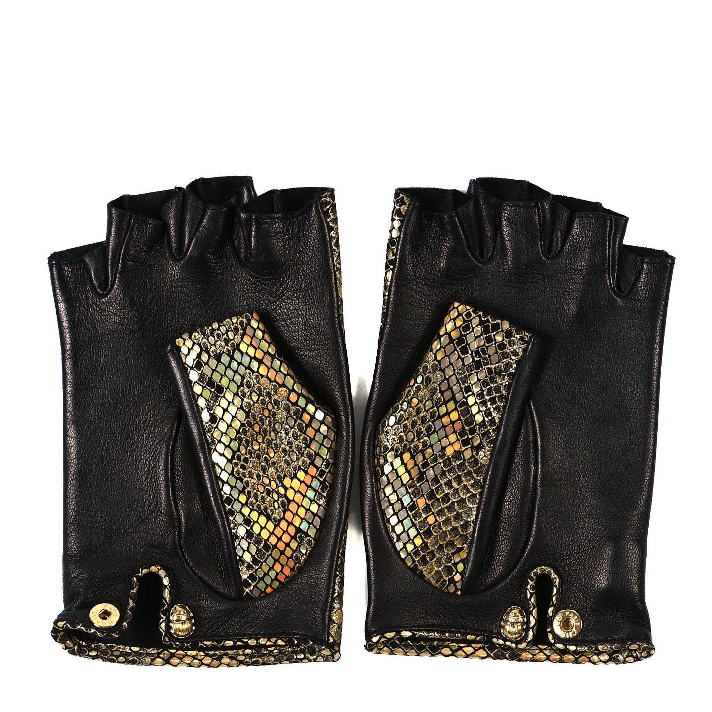Lambskin Sequin Fingerless Gloves 7.5 Black Gold