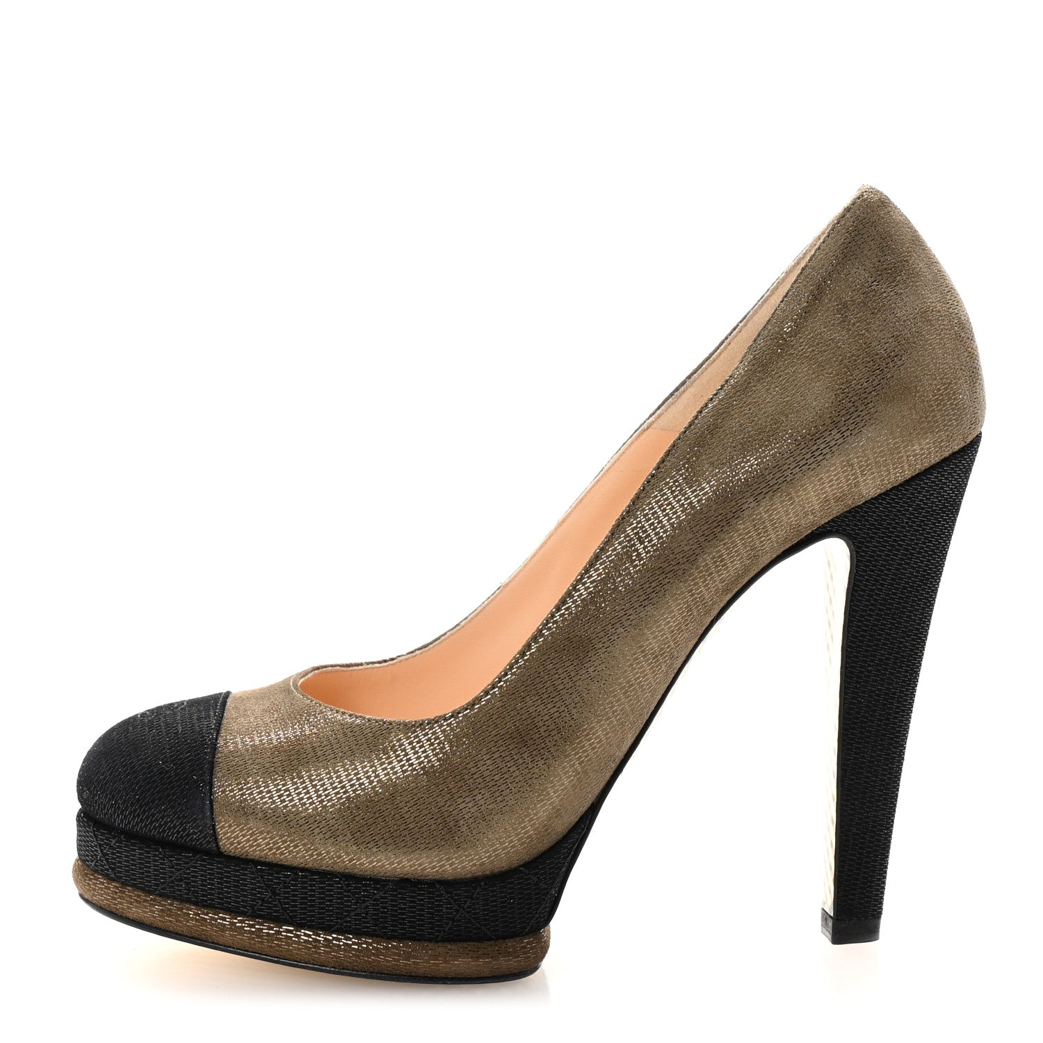 Chanel Metallic Fabric CC Cap Toe Pumps 38.5 Khaki Black 1 of 10