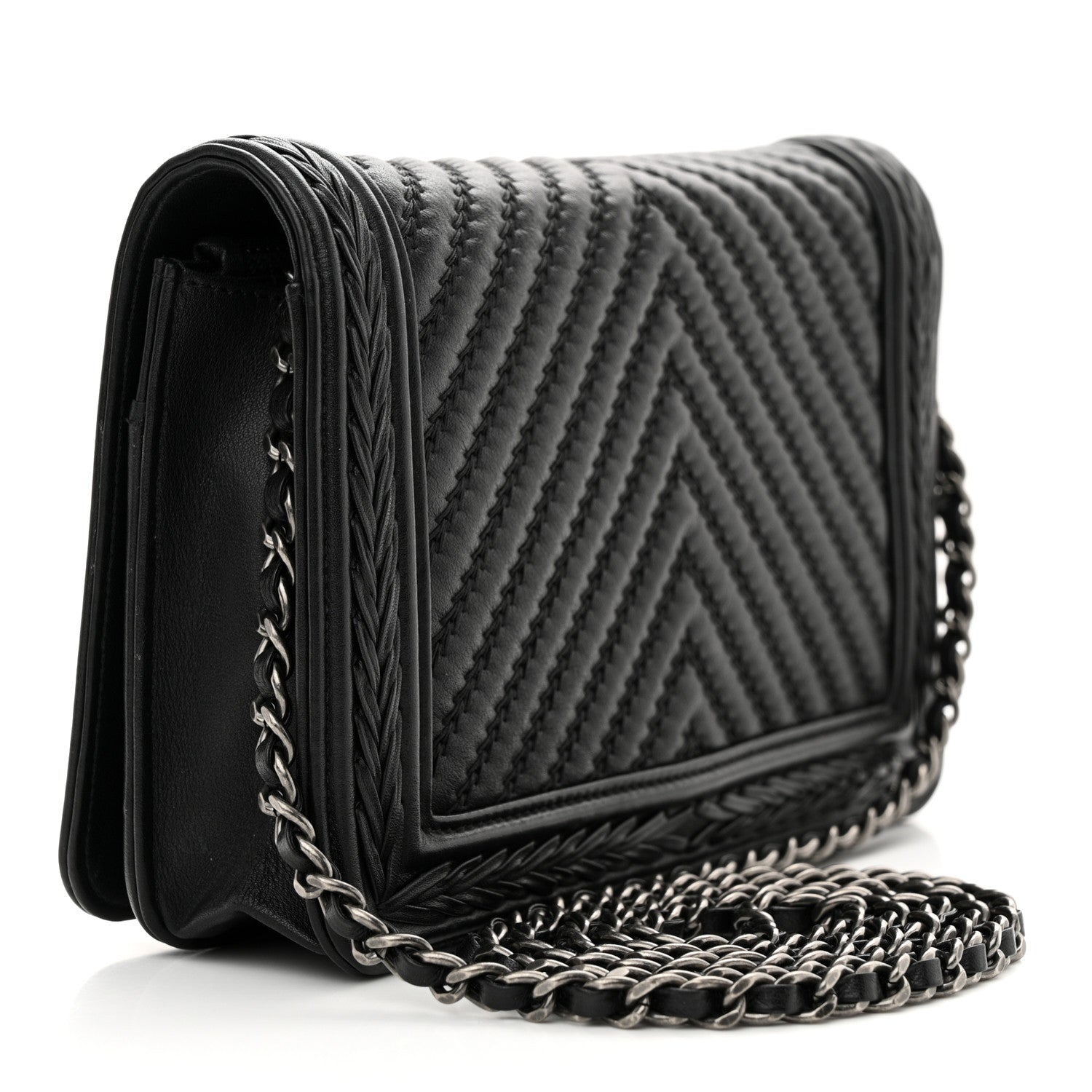 Chanel Calfskin Chevron Quilted Braided Boy Wallet On Chain WOC Black 3 of 14