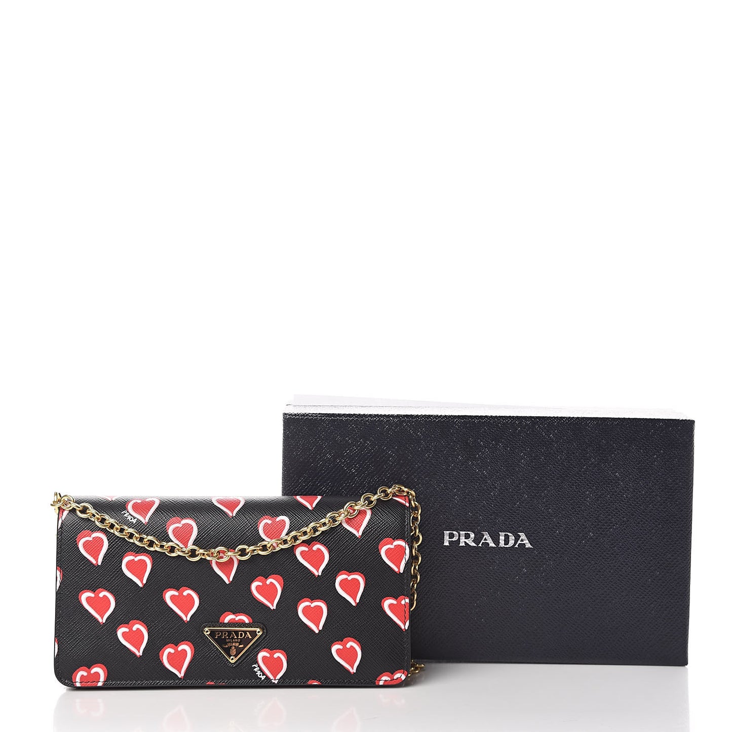 Saffiano Heart Print Chain Wallet Black