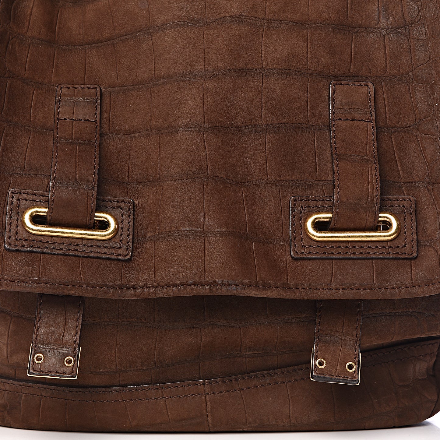 Crocodile Embossed Nubuck Besace Shoulder Bag Brown Sand