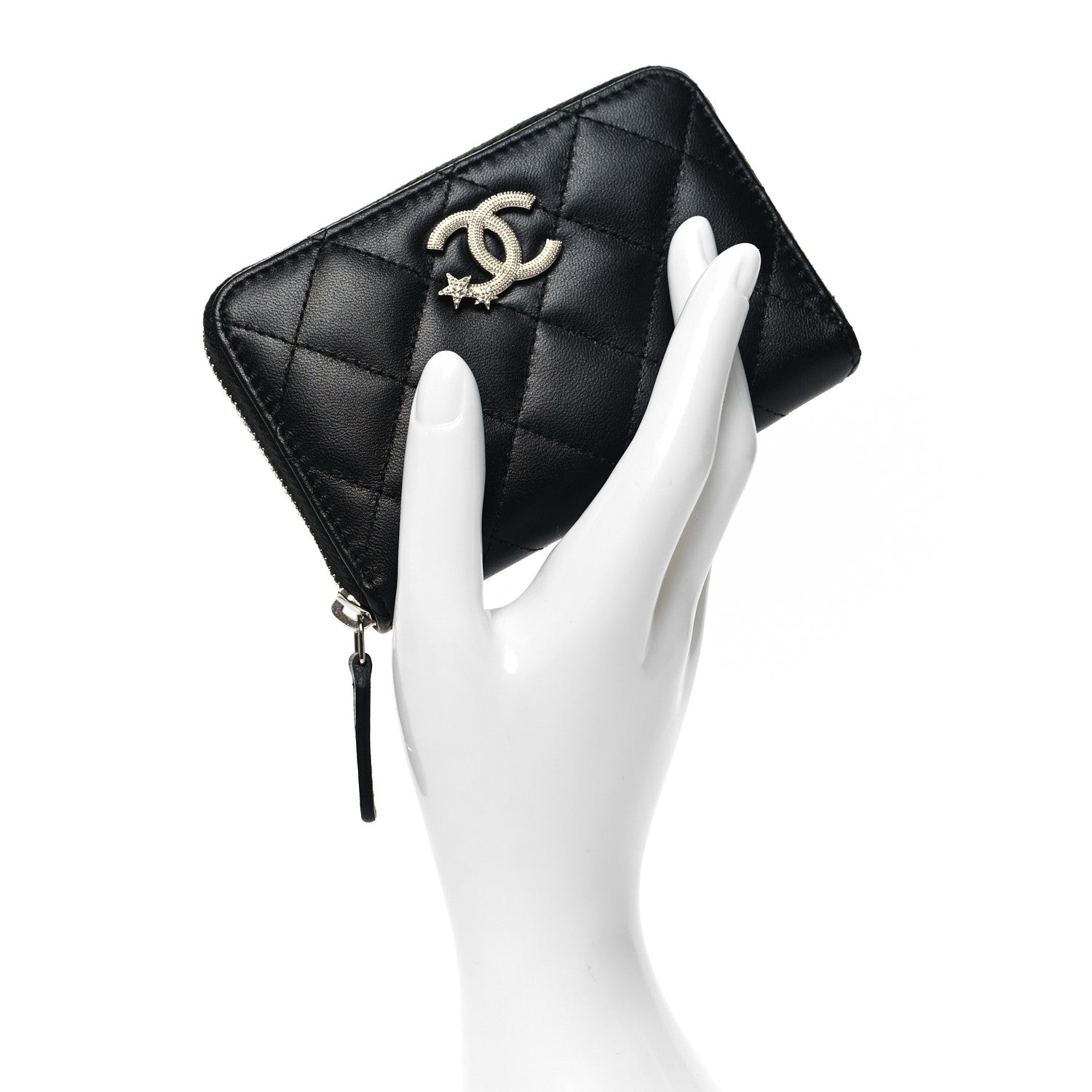 Chanel Lambskin Crystal Star Quilted Studded CC Zip Around Card Holder Wallet Black 2 of 9