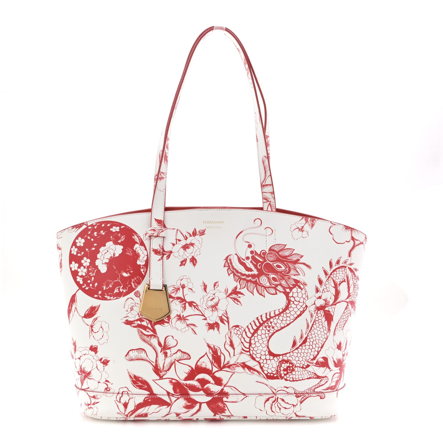 Calfskin Floral Dragon Print Tote White Red