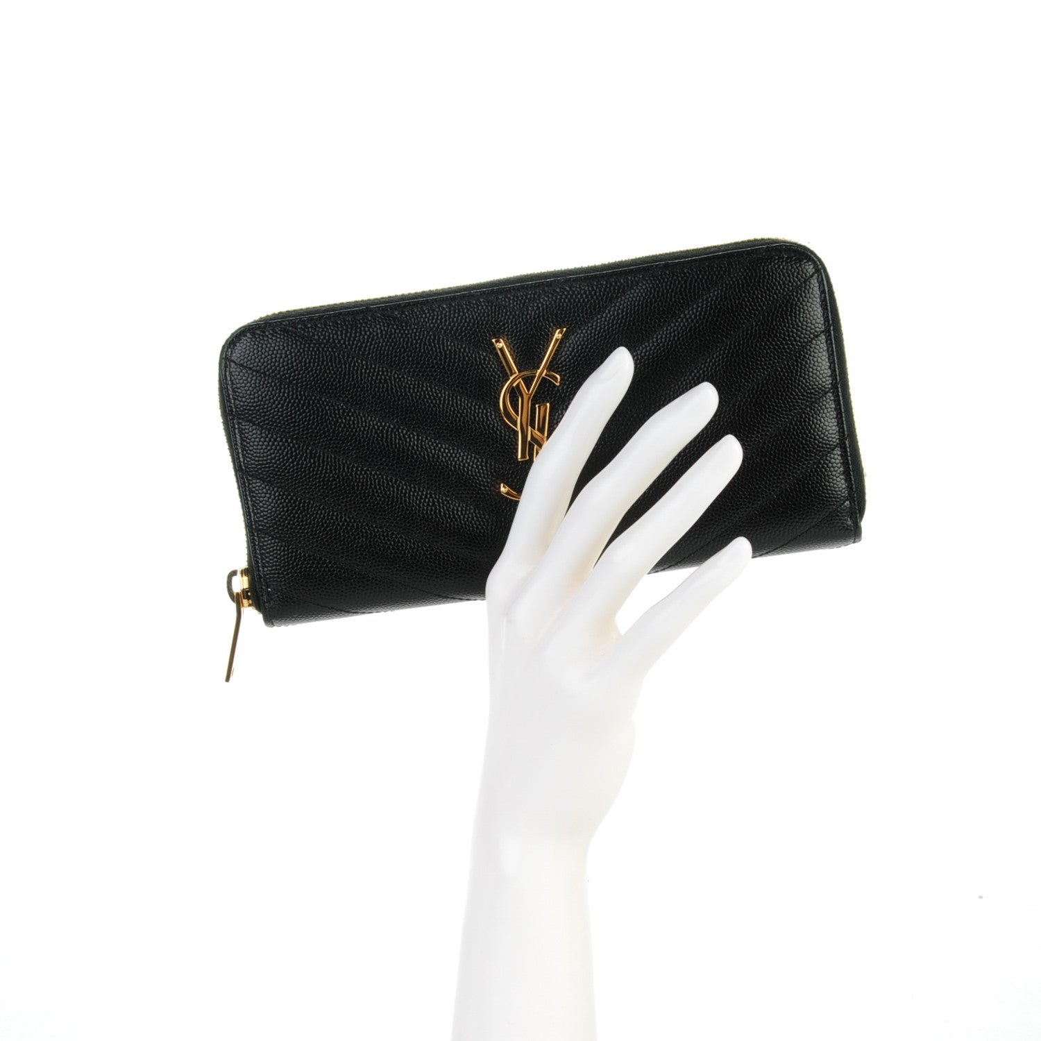 Saint Laurent Grain De Poudre Matelasse Chevron Monogram Zip Around Wallet Black 2 of 7