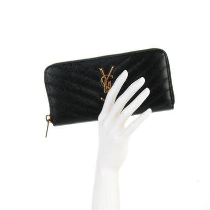 Saint Laurent Grain De Poudre Matelasse Chevron Monogram Zip Around Wallet Black 2 of 7