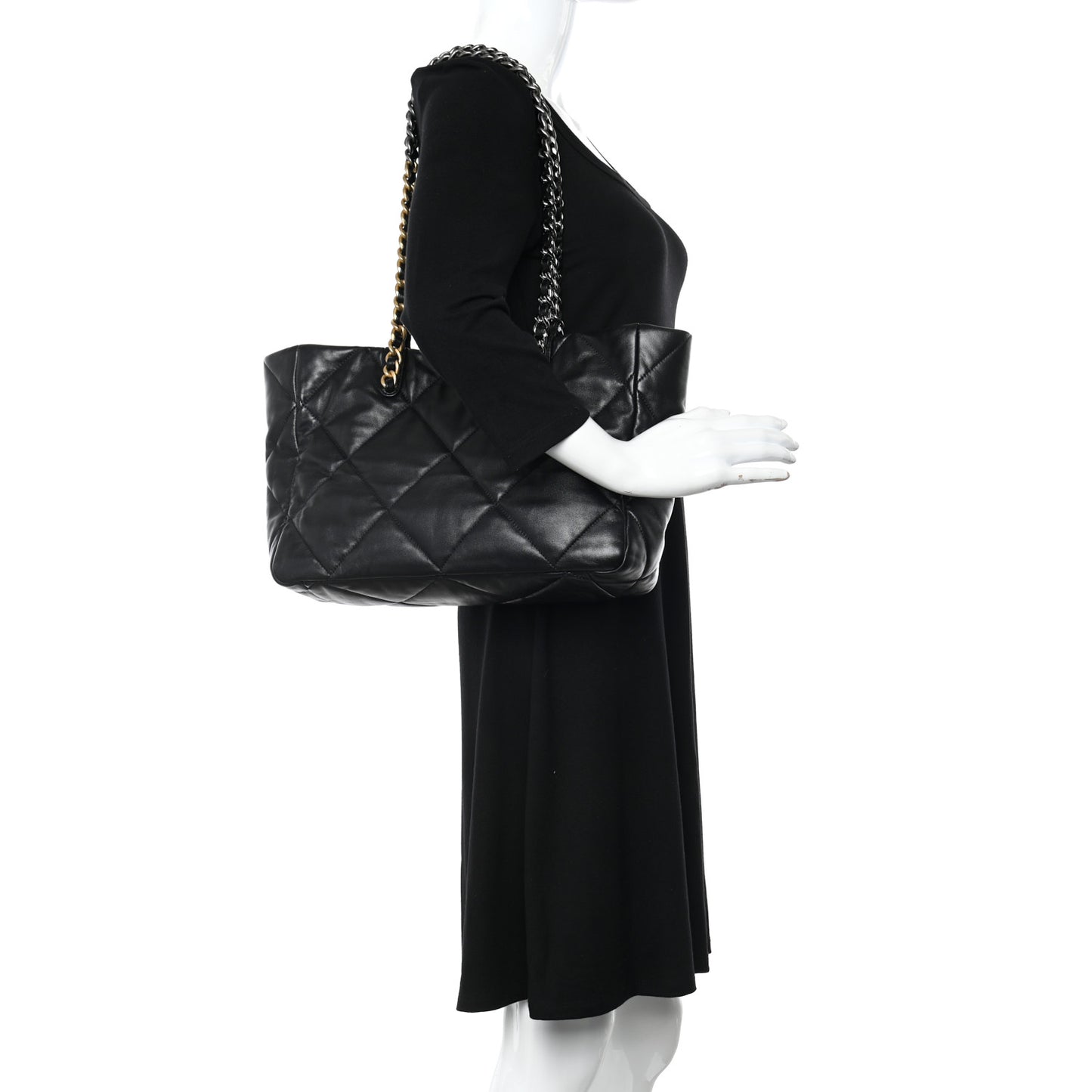 Lambskin Quilted Chanel 19 East West Shopping Bag Black