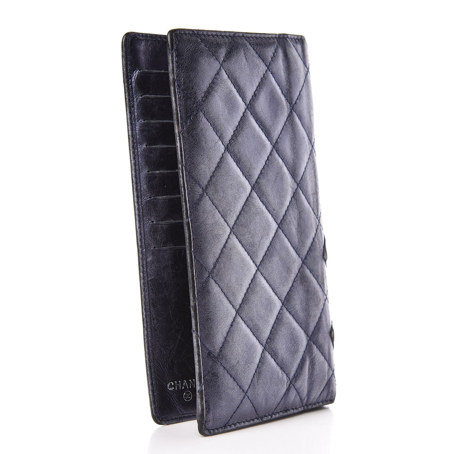 Metallic Calfskin Cambon Quilted Yen Wallet Blue