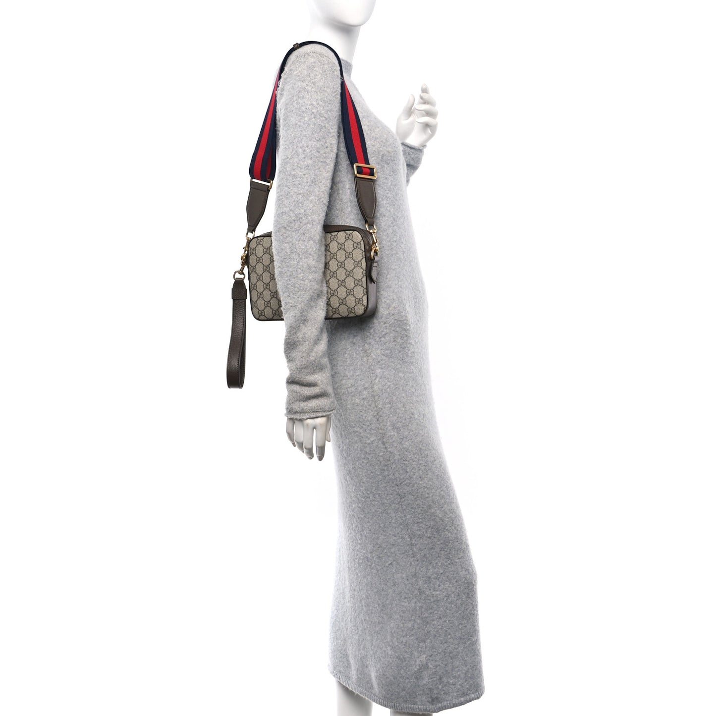 GG Supreme Monogram Textured Dollar Calfskin Web Ophidia Wristlet Shoulder Bag Beige Ebony New Acero
