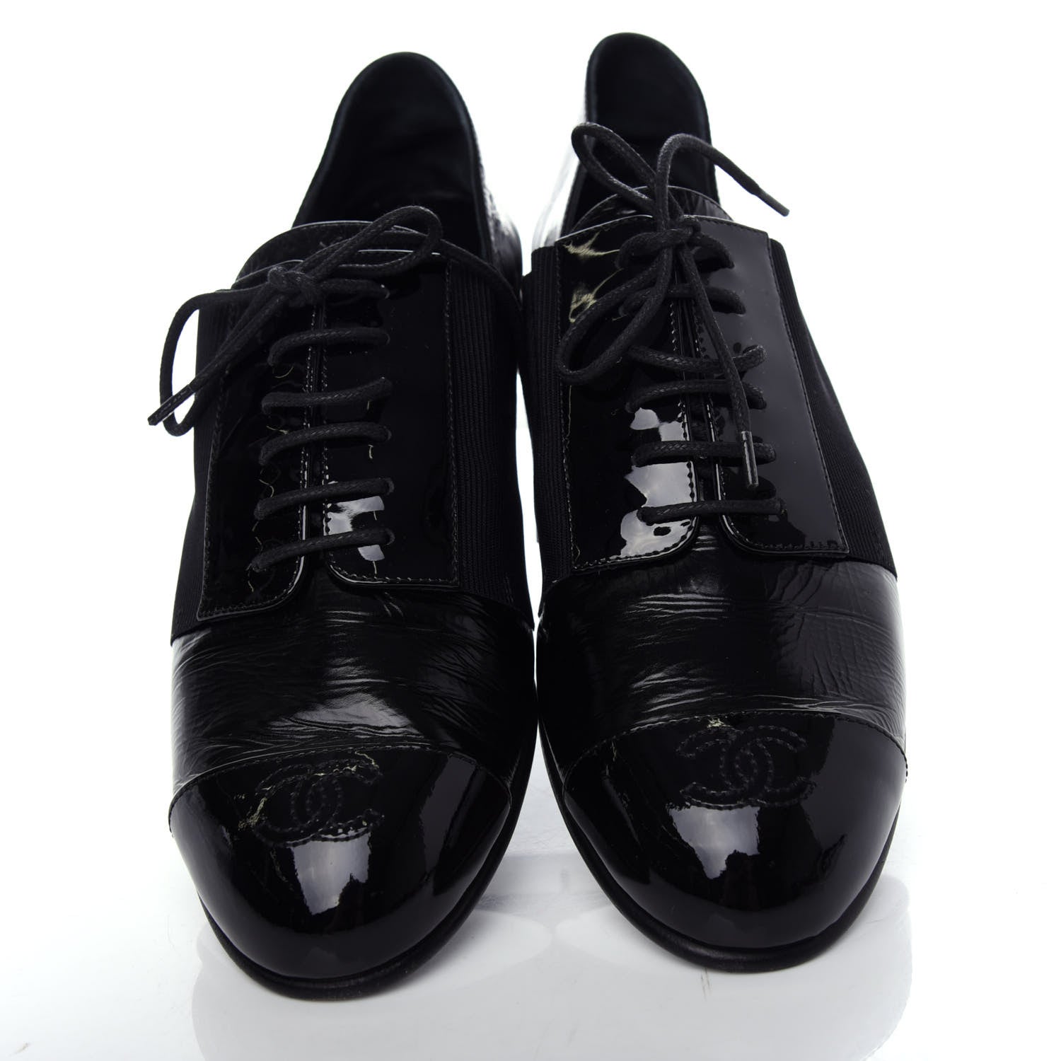 Chanel Goatskin Patent Womens CC Cap Toe Lace Up Oxfords 36.5 Black 5 of 11