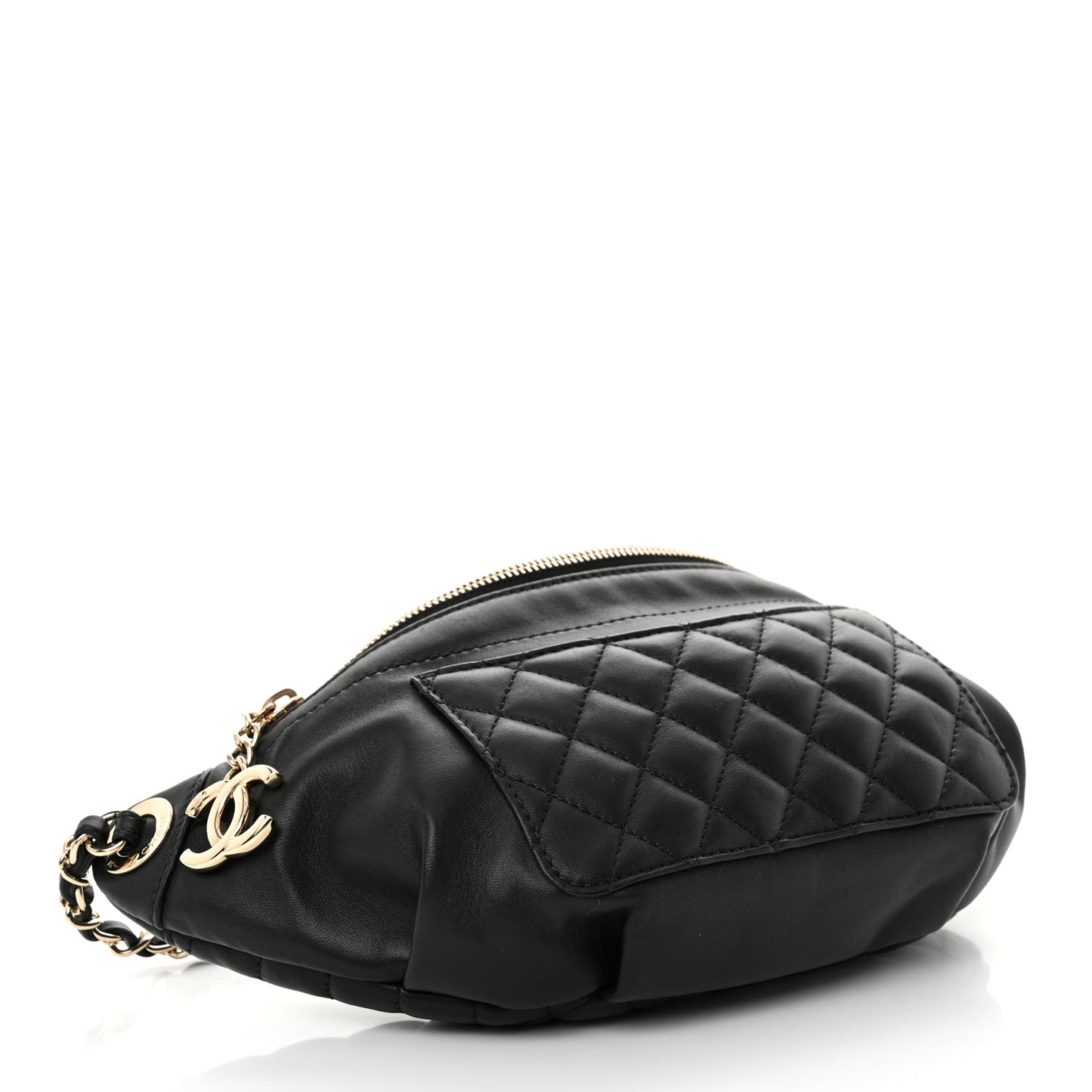 Crumpled Glazed Lambskin Quilted Waist Bag Fanny Pack Black