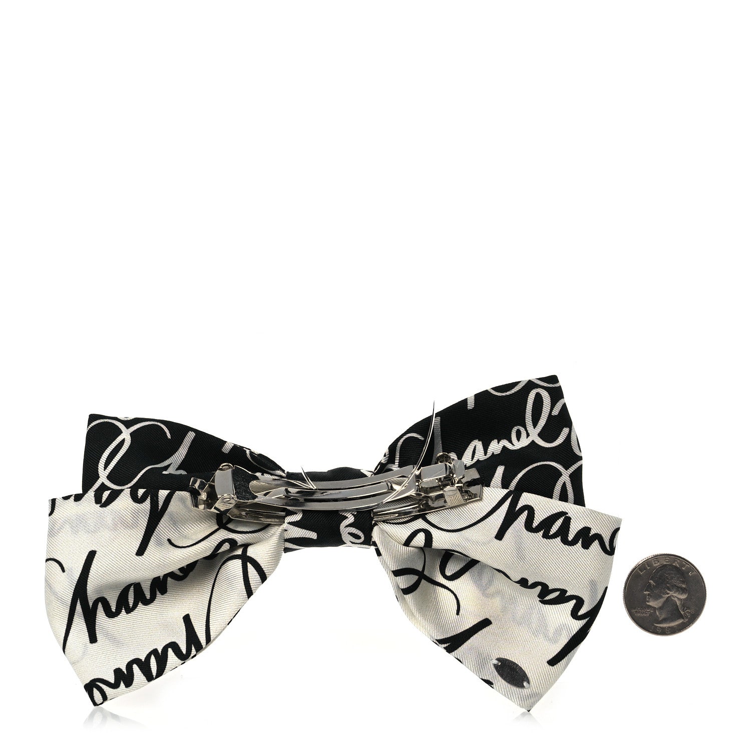 Chanel Silk Twill Logo Bow Hair Clip Black White 2 of 4