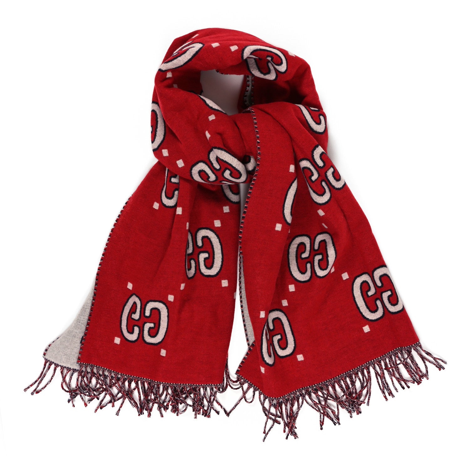 Gucci Cashmere Wool GG Monogram Reversible Intarsia Scarf Red Ivory 1 of 3