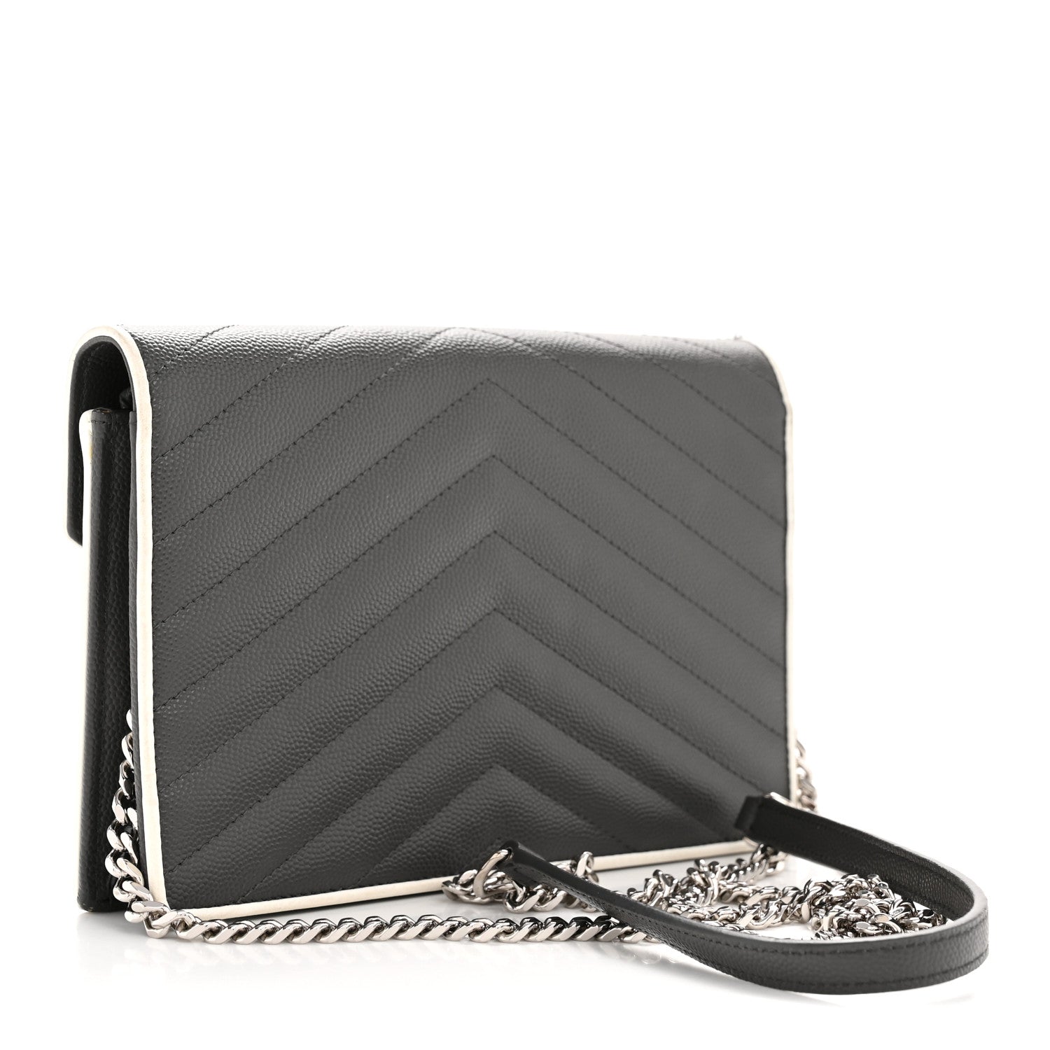 Saint Laurent Grain De Poudre Matelasse Chevron Monogram Envelope Chain Wallet Asphalt White 3 of 14