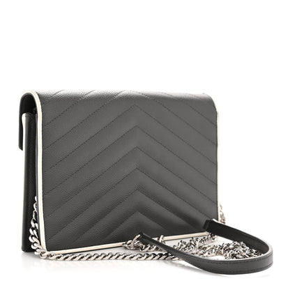 Saint Laurent Grain De Poudre Matelasse Chevron Monogram Envelope Chain Wallet Asphalt White 3 of 14