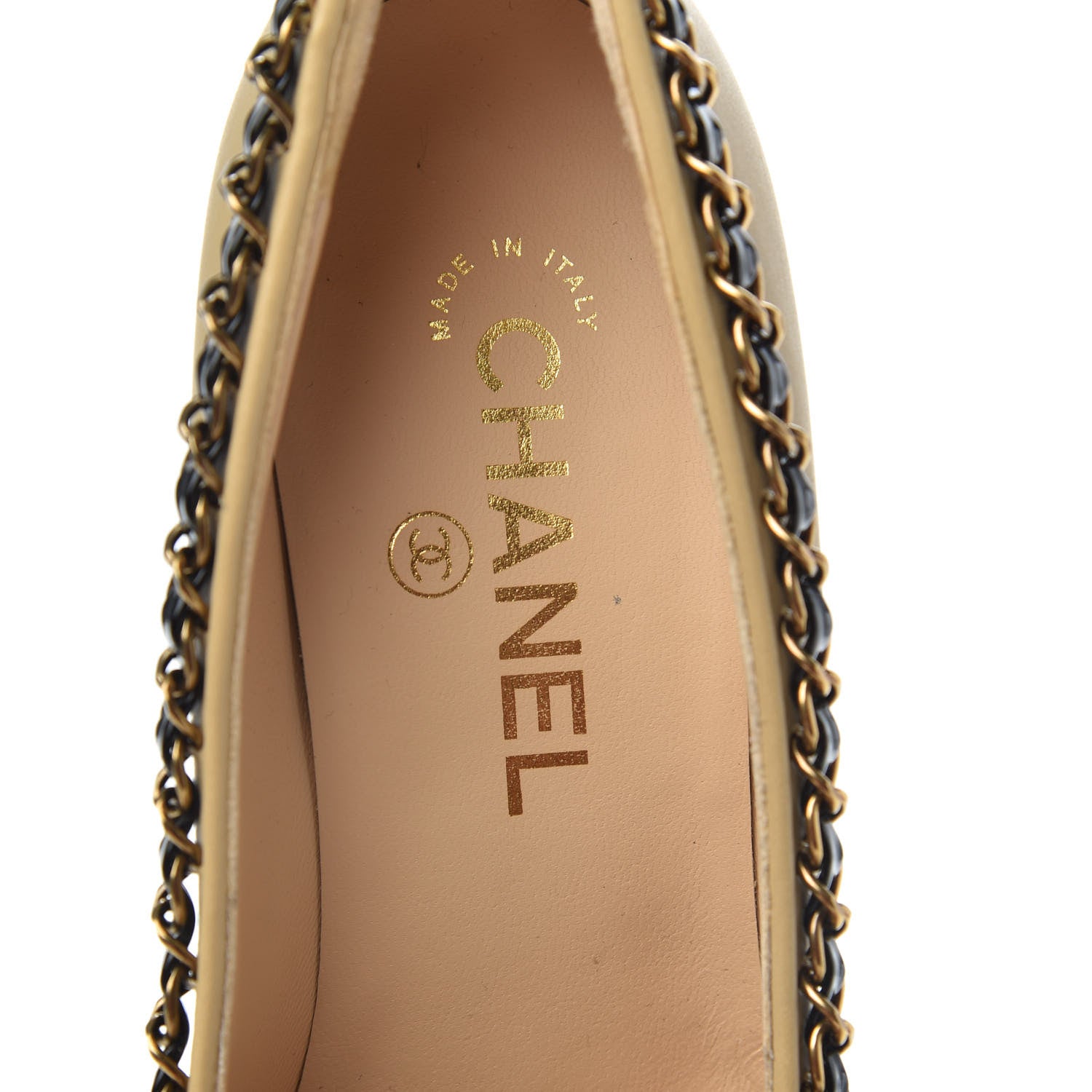 Chanel Calfskin Patent Calfskin Chain Cap Toe Pumps 36.5 Beige Black 7 of 11