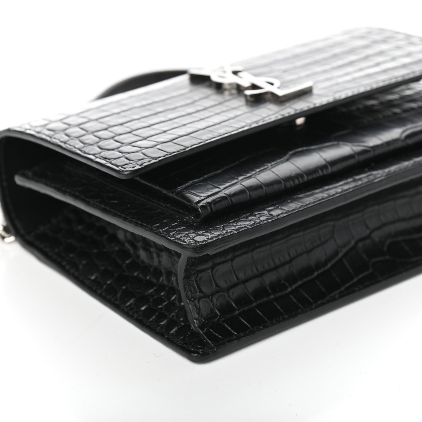Calfskin Crocodile Embossed Monogram Sunset Chain Wallet Black