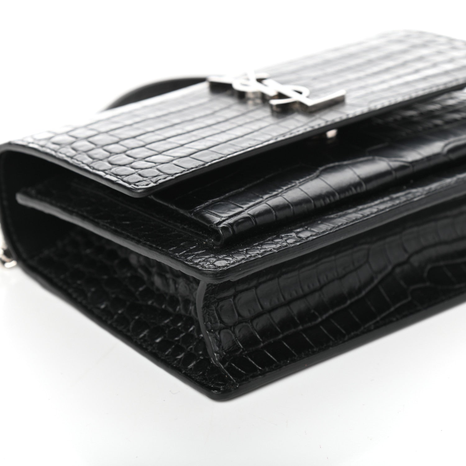 Saint Laurent Calfskin Crocodile Embossed Monogram Sunset Chain Wallet Black 7 of 8