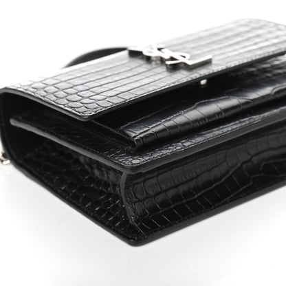 Saint Laurent Calfskin Crocodile Embossed Monogram Sunset Chain Wallet Black 7 of 8