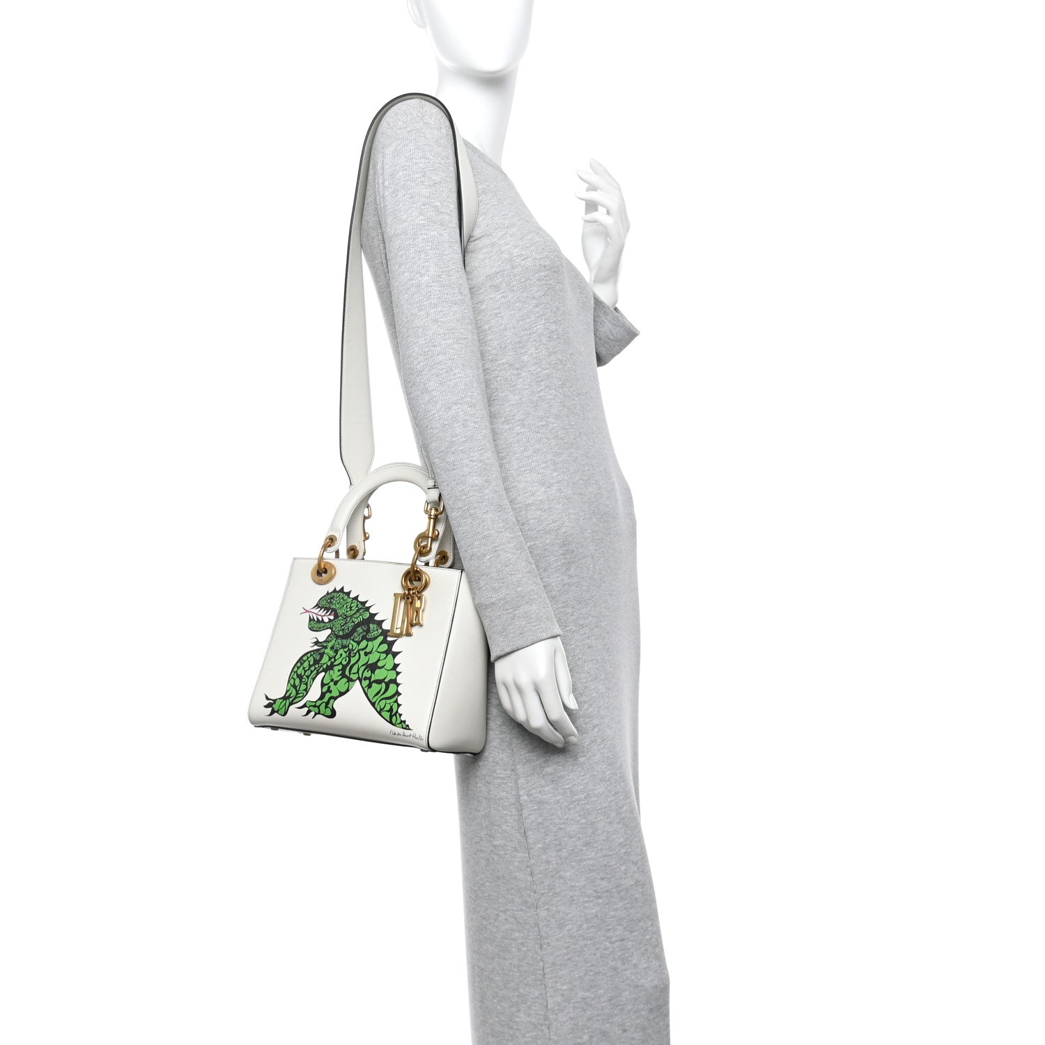 Christian Dior Calfskin Painted Niki de Saint Phalle Dragon Medium Supple Lady Dior Bag White 2 of 11