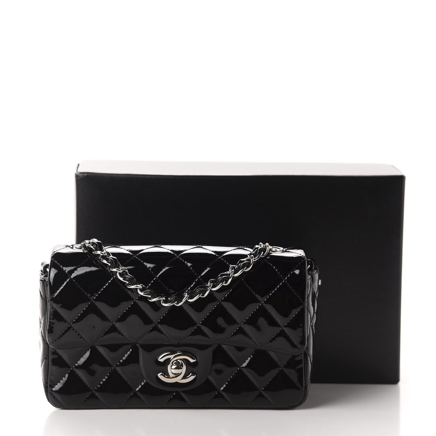 Patent Calfskin Quilted Mini Rectangular Flap Black
