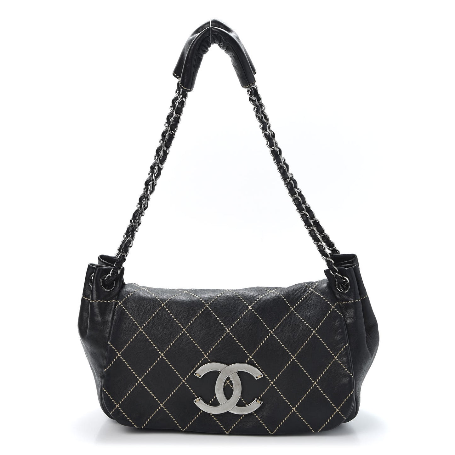 Lambskin Contrast Stitch Surpique Accordion Flap Black