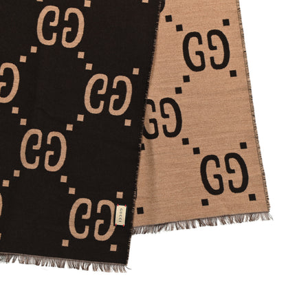 Gucci Wool Silk Monogram Jumbo GG Freedom Scarf Dark Brown Beige 5 of 12