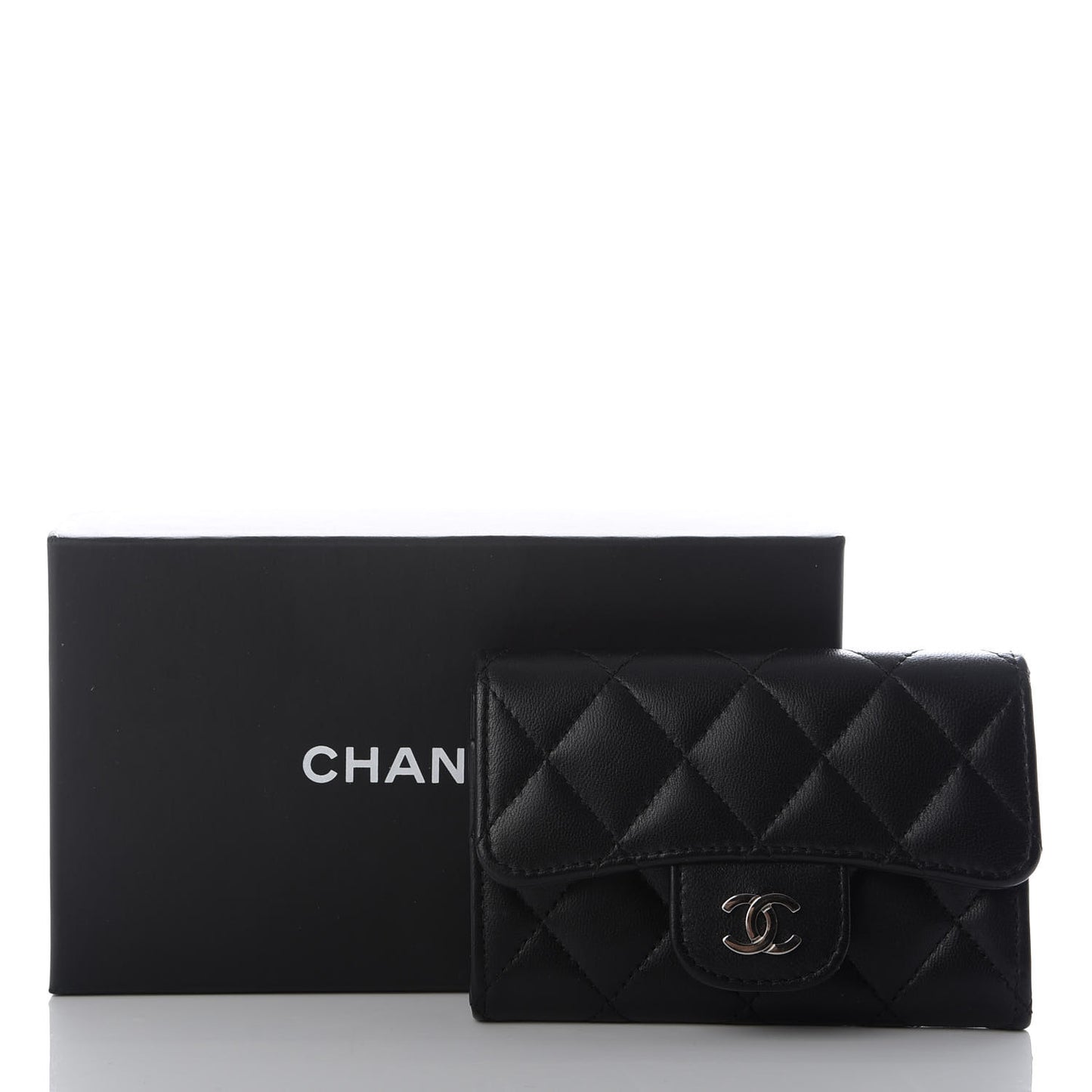 Lambskin Quilted Flap Card Holder Black