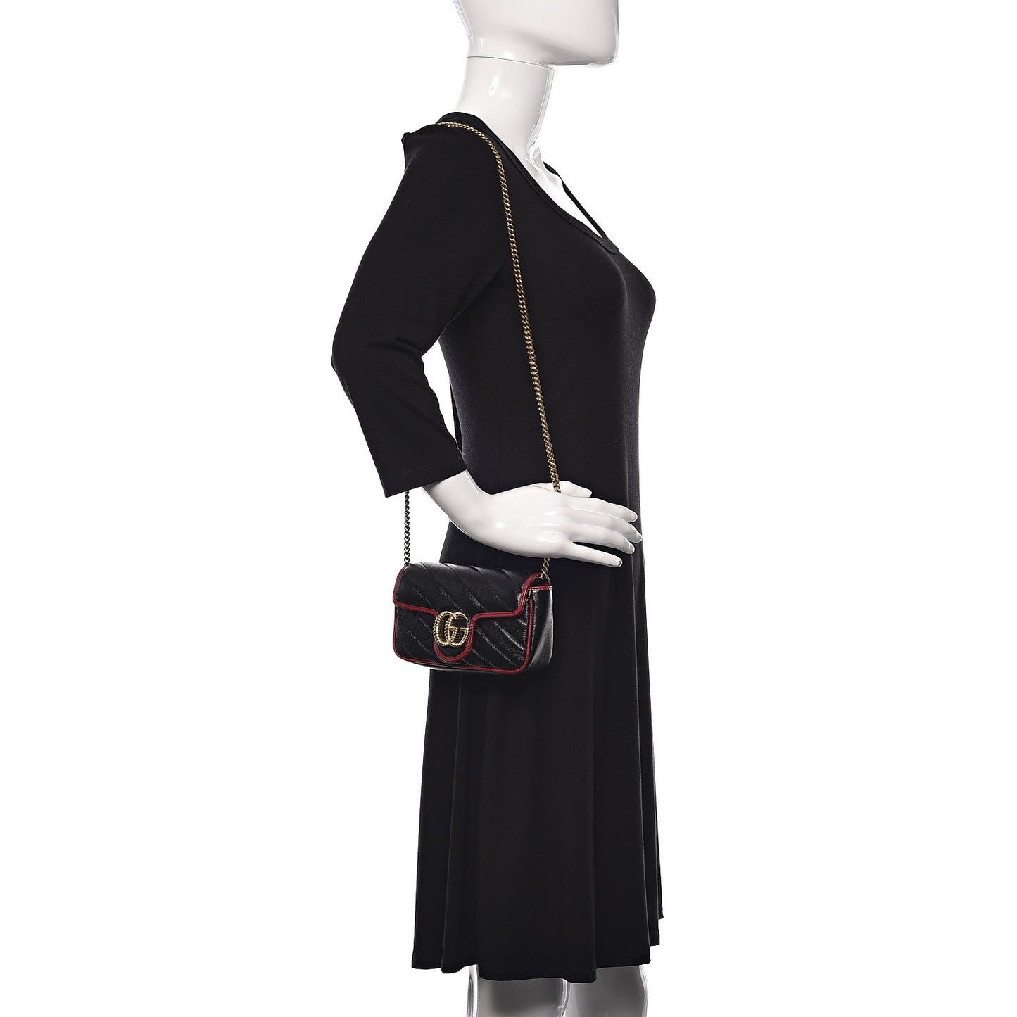 Vintage Effect Calfskin Matelasse Diagonal Super Mini Torchon GG Marmont Shoulder Bag Black Romantic Cherry