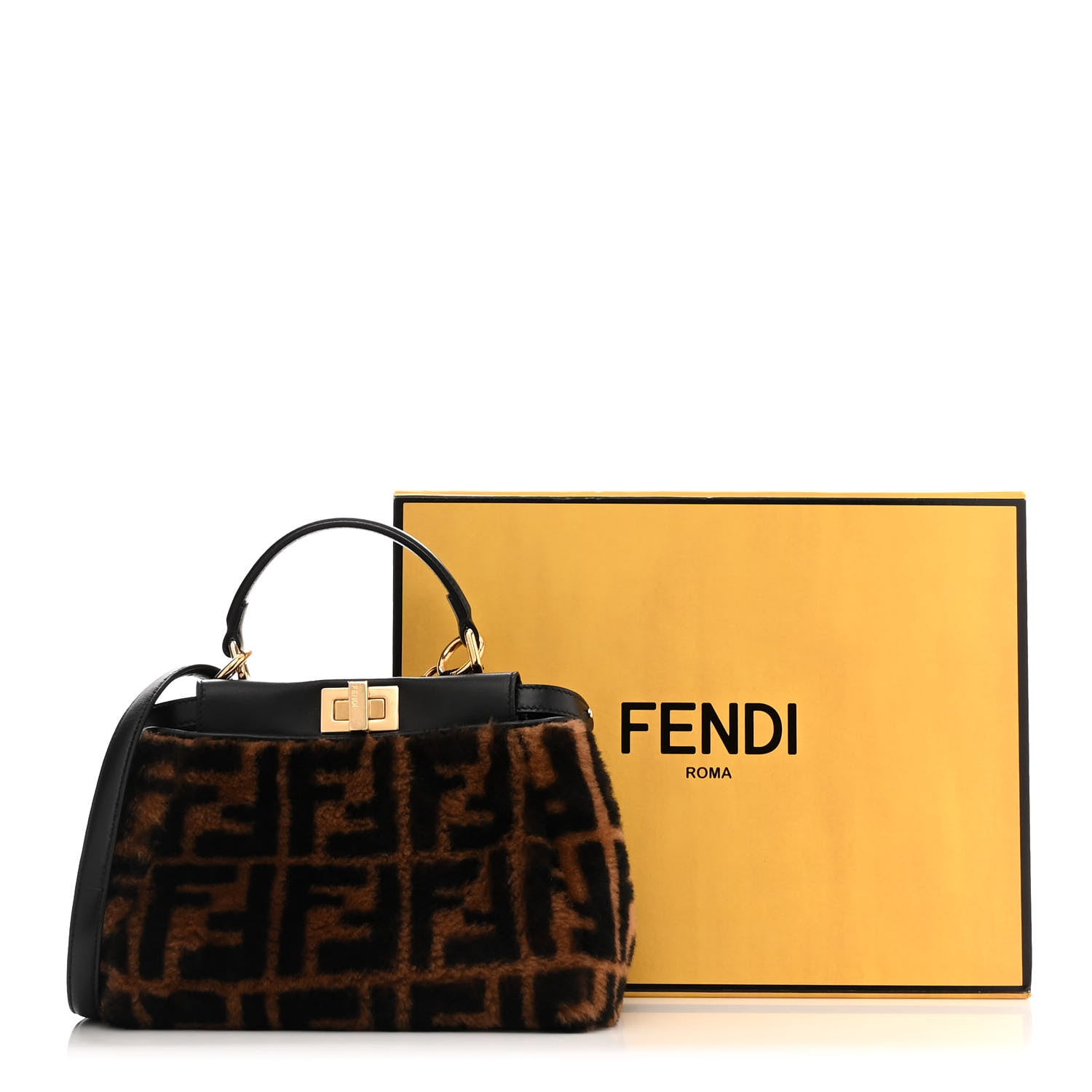 Fendi Shearling Nappa Macro FF 1974 Mini Peekaboo Iconic Satchel Tobacco Black 15 of 15